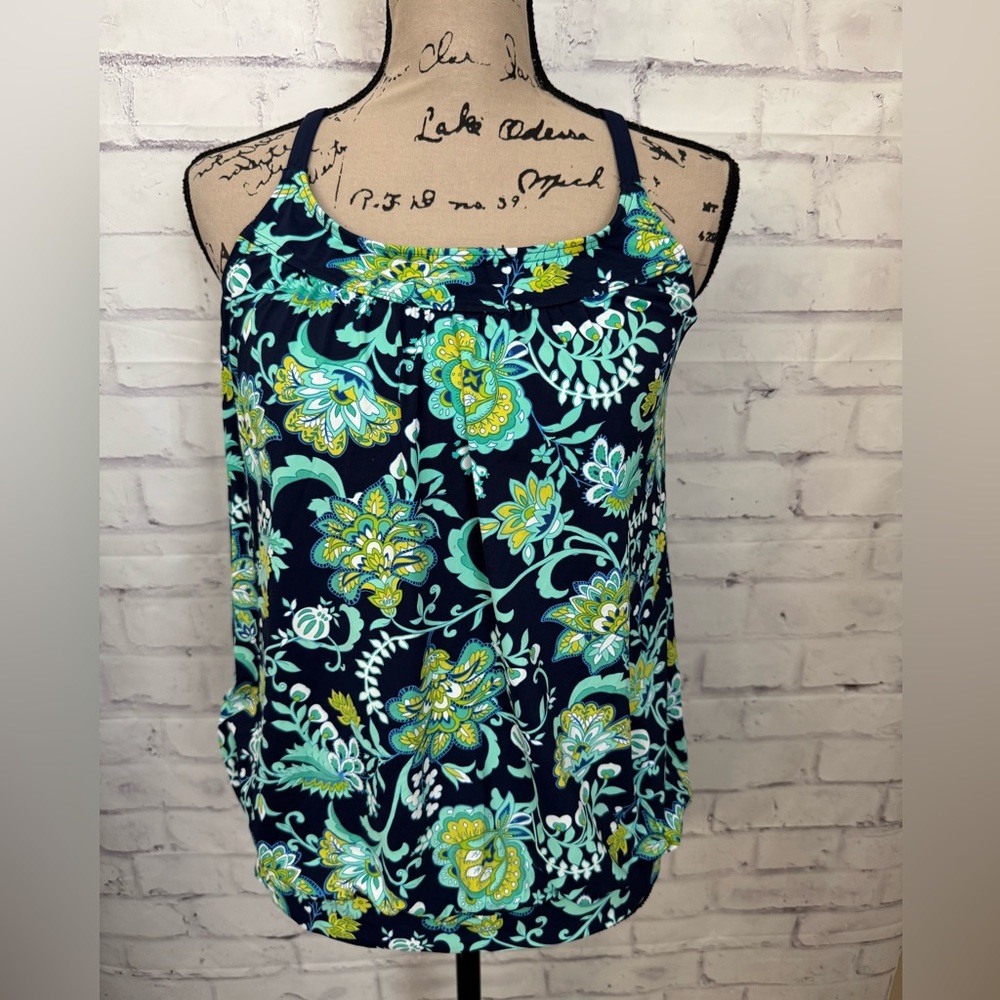 Lands' End Sz 10 Blouson Blue Paisley Floral Tankini Top‎ Swimsuit Tummy Hiding